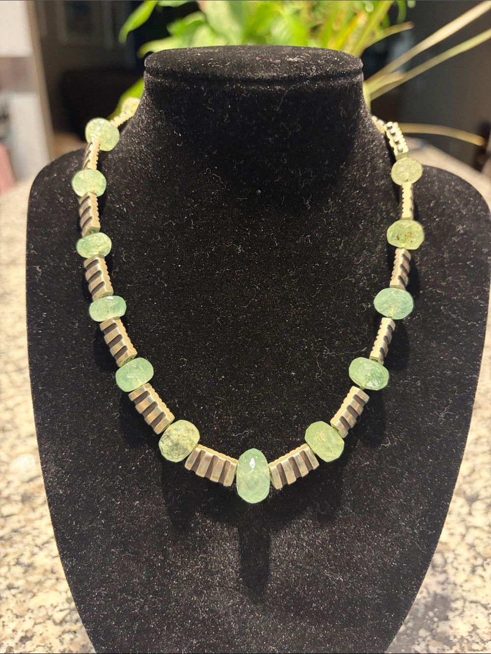 Lisa Jenks 16” Light Green Stone and Silver Bead Necklace